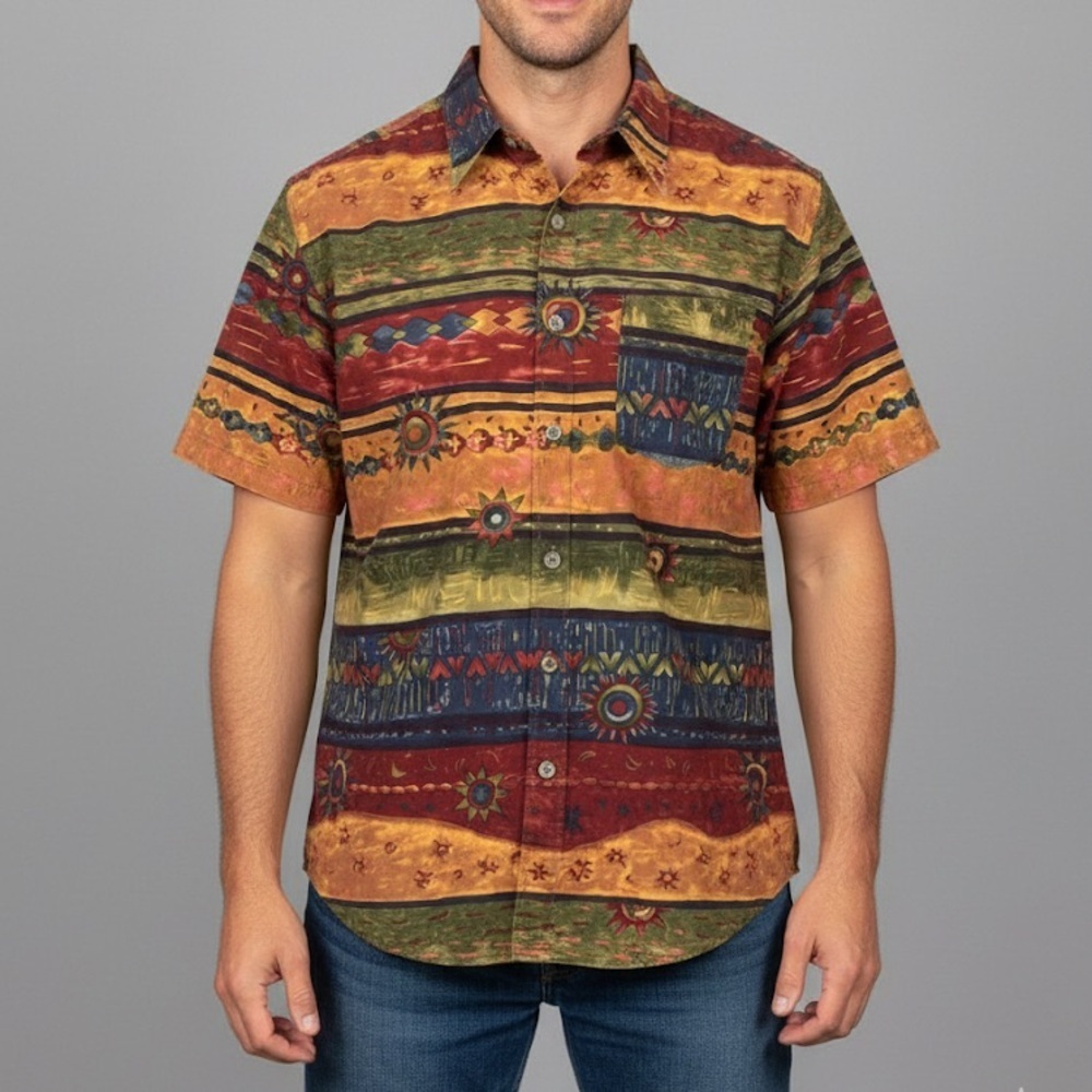 The Territory Ahead Shirt Medium Aztec Sun Geometric Print Short Sleeve Vintage